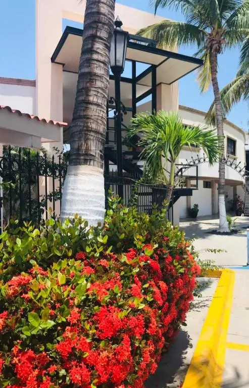 Palm trees and flowering garden outside Hotel Marina Topolobampo